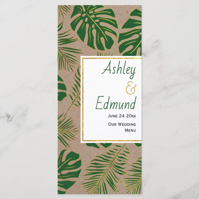 Tropical green and gold rustic wedding menu card (Front)
