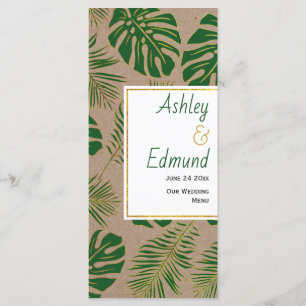 Tropical green and gold rustic wedding menu card