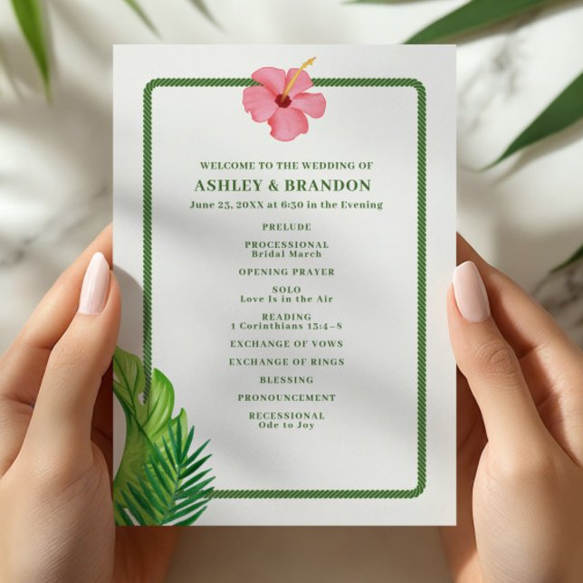 Tropical Green and Pink Flower Coastal Wedding Program (Creator Uploaded)