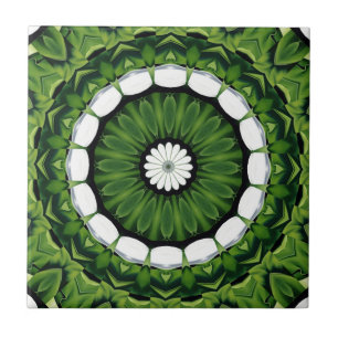 Tropical Green and White Flora Mandala Ceramic Tile