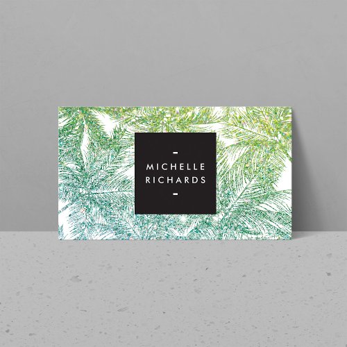 Tropical GreenAqua Glitter Palms Business Card