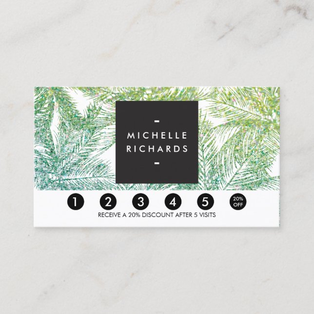 Tropical Green/Aqua Glitter Palms Loyalty Card (Front)