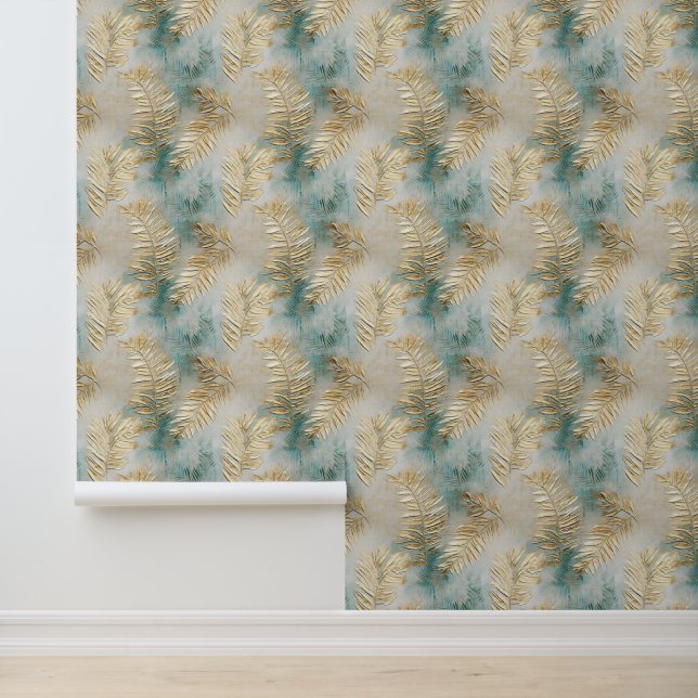 Tropical Green Aqua Gold Leaves Wallpaper (Application)