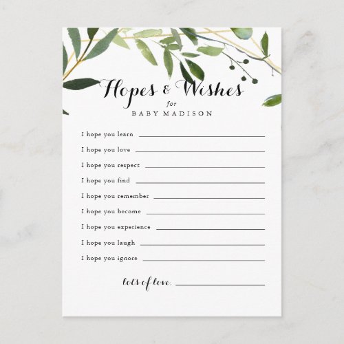 Tropical Green Baby Shower Hopes  Wishes Card