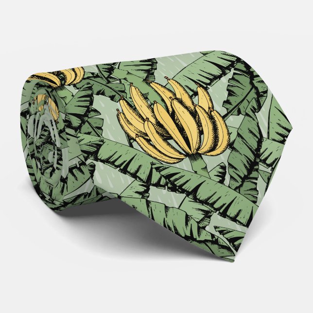 Tropical Green Banana Leaves and Yellow Bananas Neck Tie (Rolled)