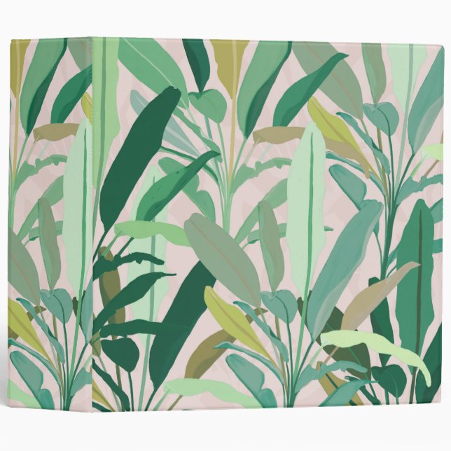 Tropical Green Banana Leaves Pink Pattern 3 Ring Binder (Front/Spine)