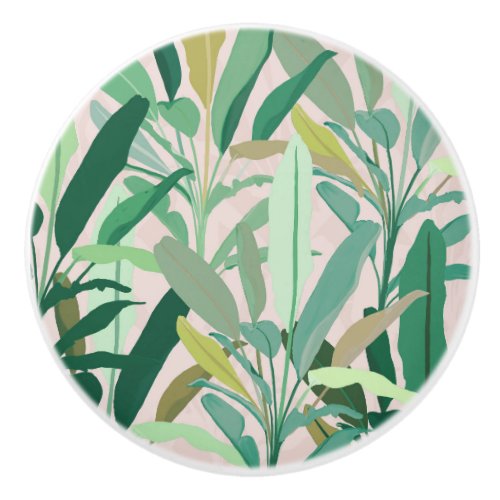 Tropical Green Banana Leaves Pink Pattern Ceramic Knob