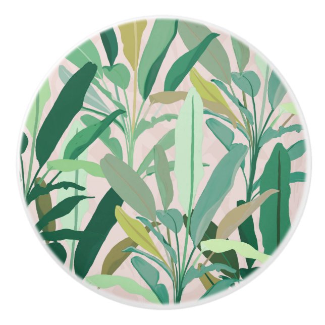 Tropical Green Banana Leaves Pink Pattern Ceramic Knob (Front)