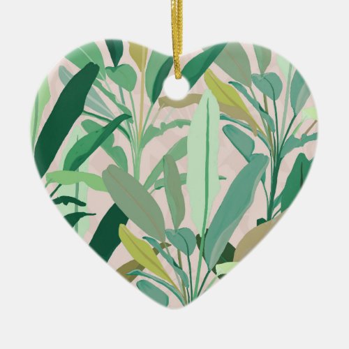 Tropical Green Banana Leaves Pink Pattern Ceramic Ornament