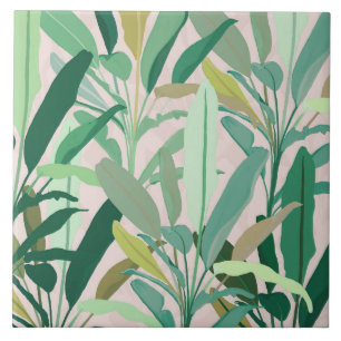 Tropical Green Banana Leaves Pink Pattern Ceramic Tile