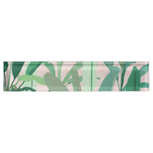 Tropical Green Banana Leaves Pink Pattern Desk Name Plate