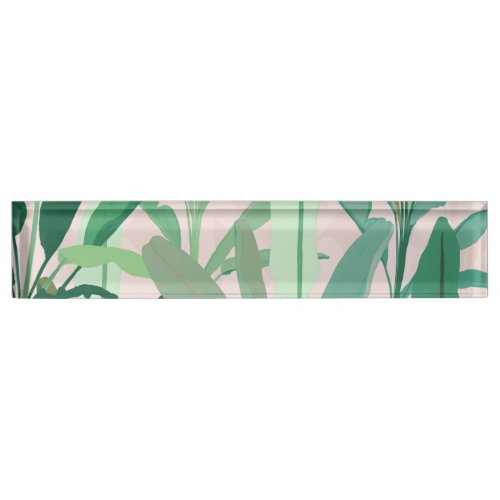 Tropical Green Banana Leaves Pink Pattern Desk Name Plate