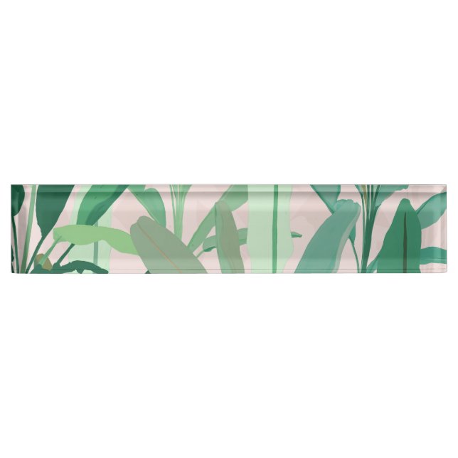 Tropical Green Banana Leaves Pink Pattern Desk Name Plate (Front)