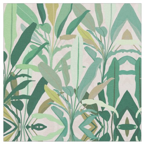 Tropical Green Banana Leaves Pink Pattern Fabric