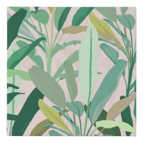 Tropical Green Banana Leaves Pink Pattern Faux Canvas Print