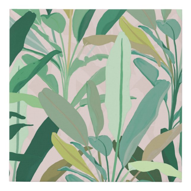 Tropical Green Banana Leaves Pink Pattern Faux Canvas Print (Front)