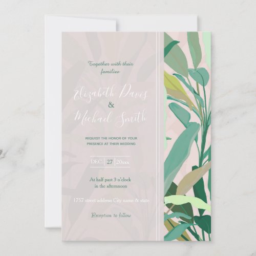 Tropical Green Banana Leaves Pink Pattern Invitation