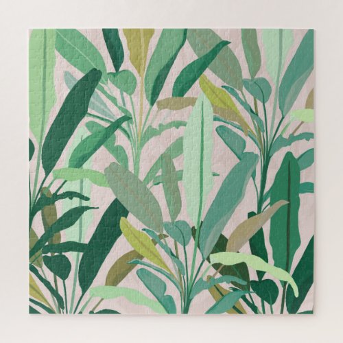 Tropical Green Banana Leaves Pink Pattern Jigsaw Puzzle