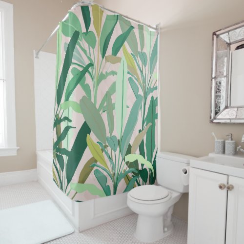 Tropical Green Banana Leaves Pink Pattern Shower Curtain