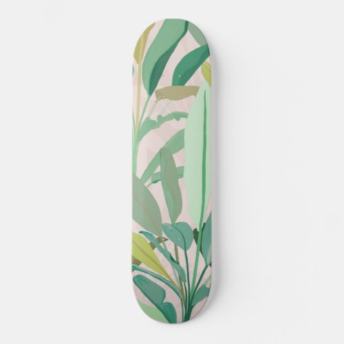 Tropical Green Banana Leaves Pink Pattern Skateboard