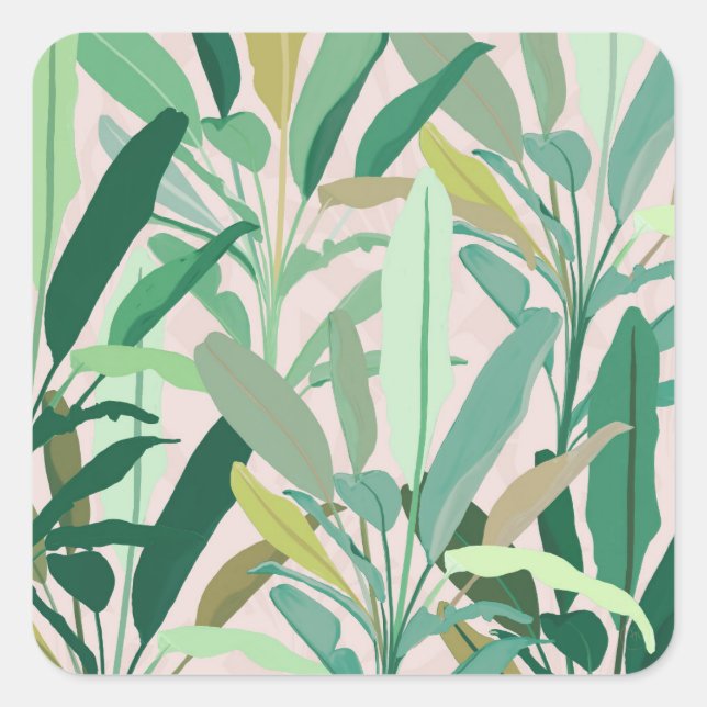 Tropical Green Banana Leaves Pink Pattern Square Sticker (Front)