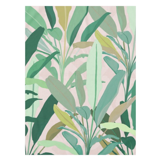 Tropical Green Banana Leaves Pink Pattern Tablecloth (Front)