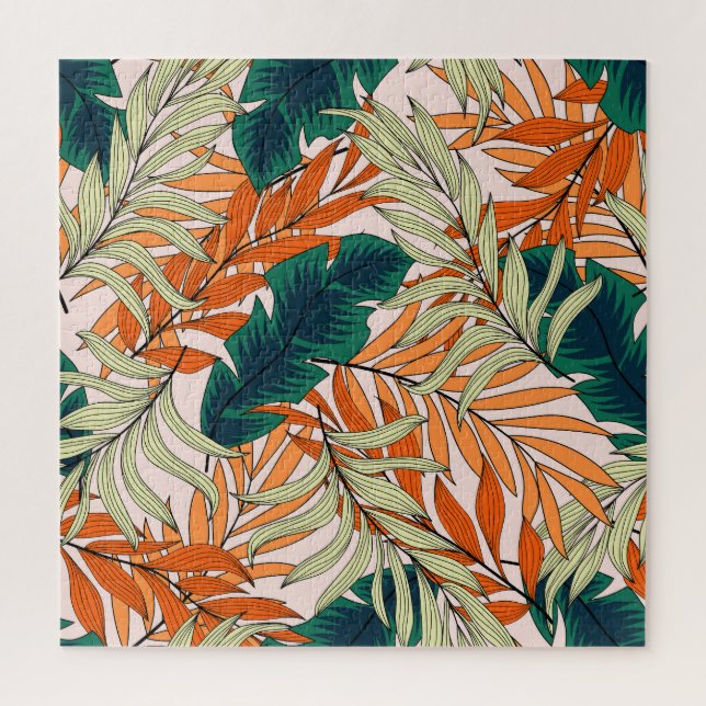 Tropical green beige leaves, seamless pattern. jigsaw puzzle (Vertical)