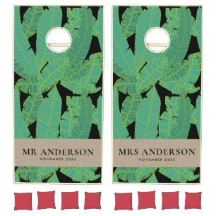 TROPICAL GREEN BLACK KRAFT BANANA LEAVES PATTERN CORNHOLE SET