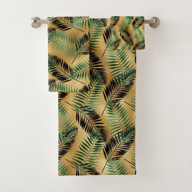 Tropical Green Black Palm Leaves Bath Towel Set (Insitu)