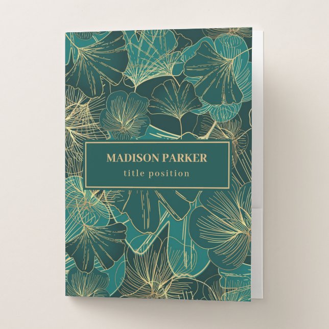 Tropical Green-Blue  Gold Leaves Pocket Folder (Front)