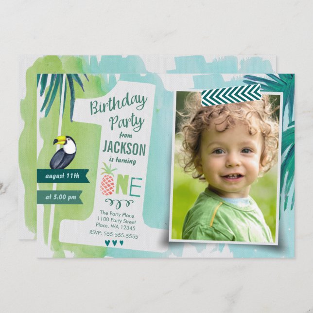 Tropical Green & blue Jungle Watercolour Boy Invitation (Front/Back)