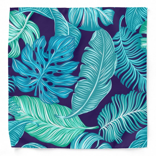 Tropical Green Blue Leaves Pattern Bandana (Front)