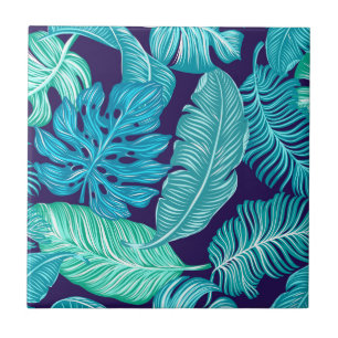 Tropical Green Blue Leaves Pattern Ceramic Tile