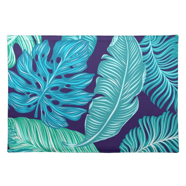 Tropical Green Blue Leaves Pattern Cloth Placemat (Front)