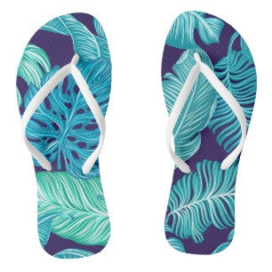 Tropical Green Blue Leaves Pattern Flip Flops