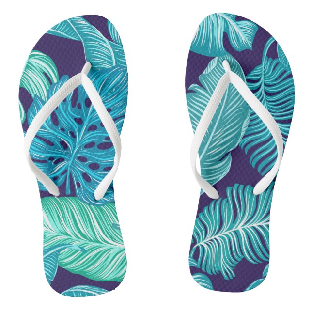 Tropical Green Blue Leaves Pattern Flip Flops (Footbed)