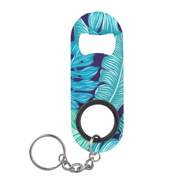 Tropical Green Blue Leaves Pattern Keychain Bottle Opener (Front)