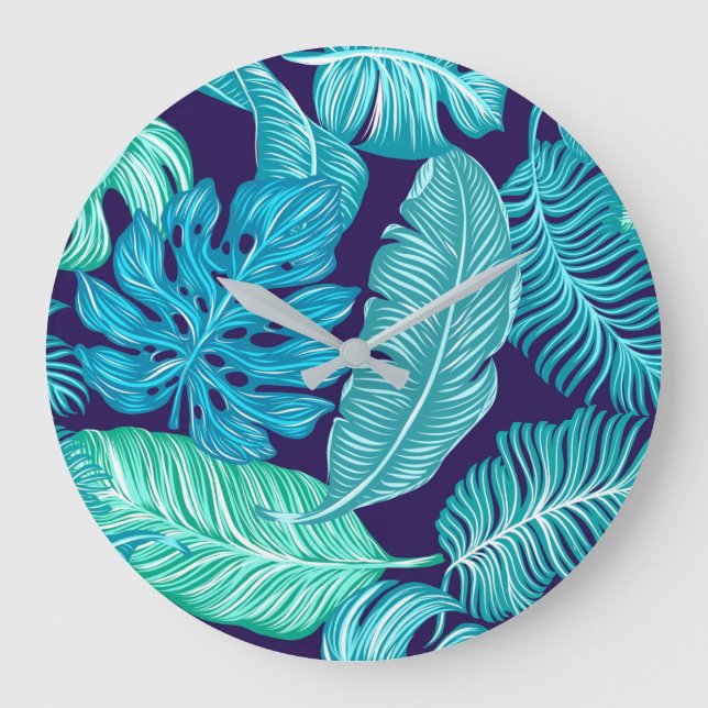 Tropical Green Blue Leaves Pattern Large Clock (Front)