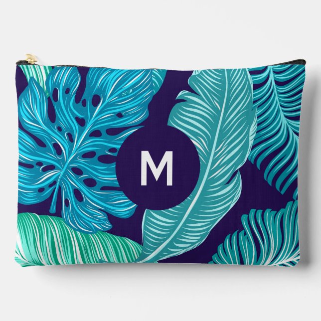 Tropical Green Blue Leaves Pattern Monogram Accessory Pouch