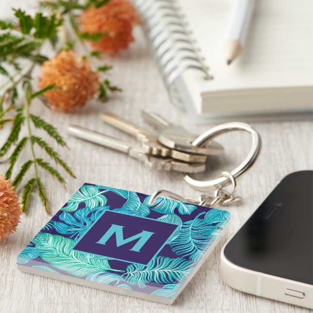 Tropical Green Blue Leaves Pattern Monogram Keychain (Front Right)