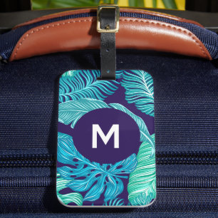 Tropical Green Blue Leaves Pattern Monogram Luggage Tag