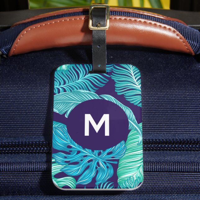 Tropical Green Blue Leaves Pattern Monogram Luggage Tag (Front Insitu 2)