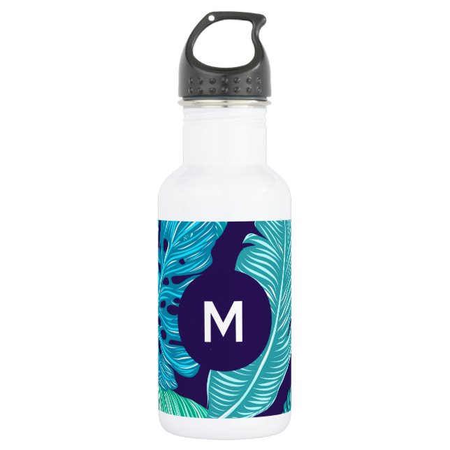Tropical Green Blue Leaves Pattern Monogram Stainless Steel Water Bottle (Front)