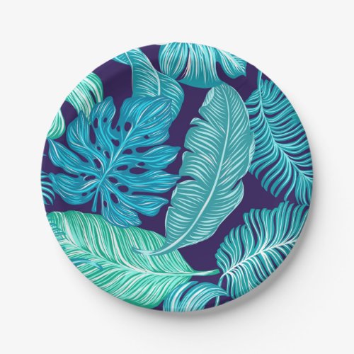 Tropical Green Blue Leaves Pattern Paper Plate