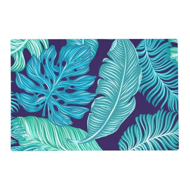 Tropical Green Blue Leaves Pattern Placemat (Front)
