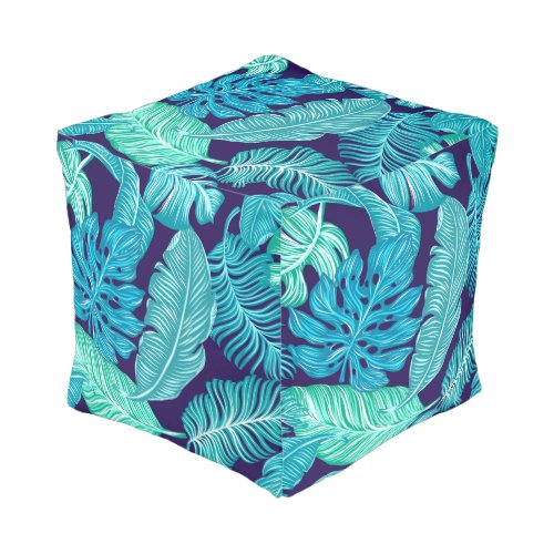 Tropical Green Blue Leaves Pattern Pouf