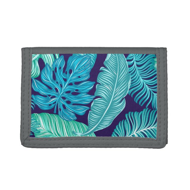 Tropical Green Blue Leaves Pattern Trifold Wallet (Front)