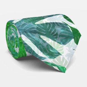Tropical Green Blue Monstera Palm Leaves Pattern Neck Tie