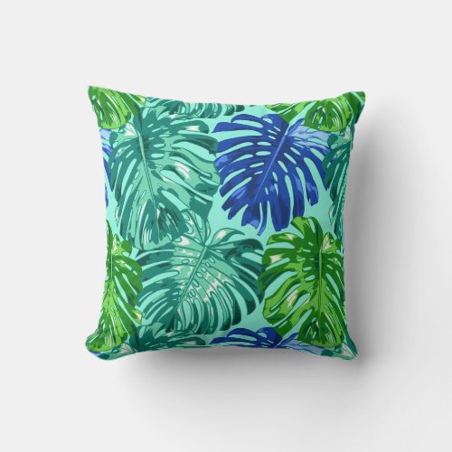 Tropical Green Blue Monstera Palm Leaves Throw Pillow