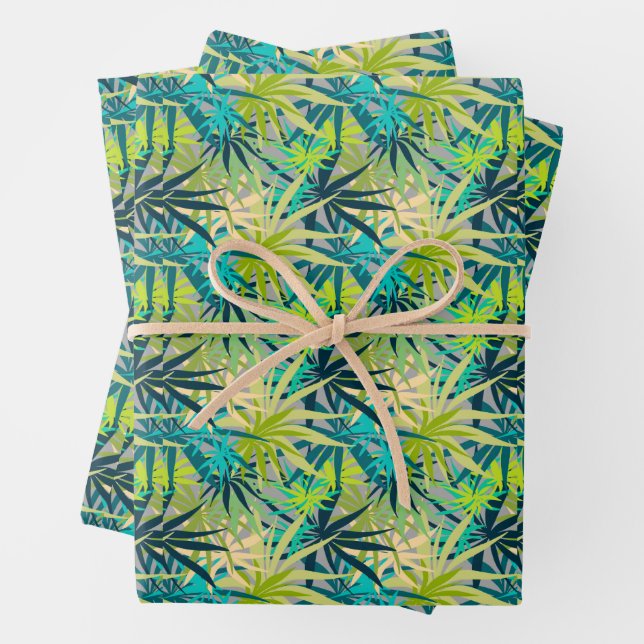 Tropical Green Blue Palms Wrapping Paper Sheets (In situ)